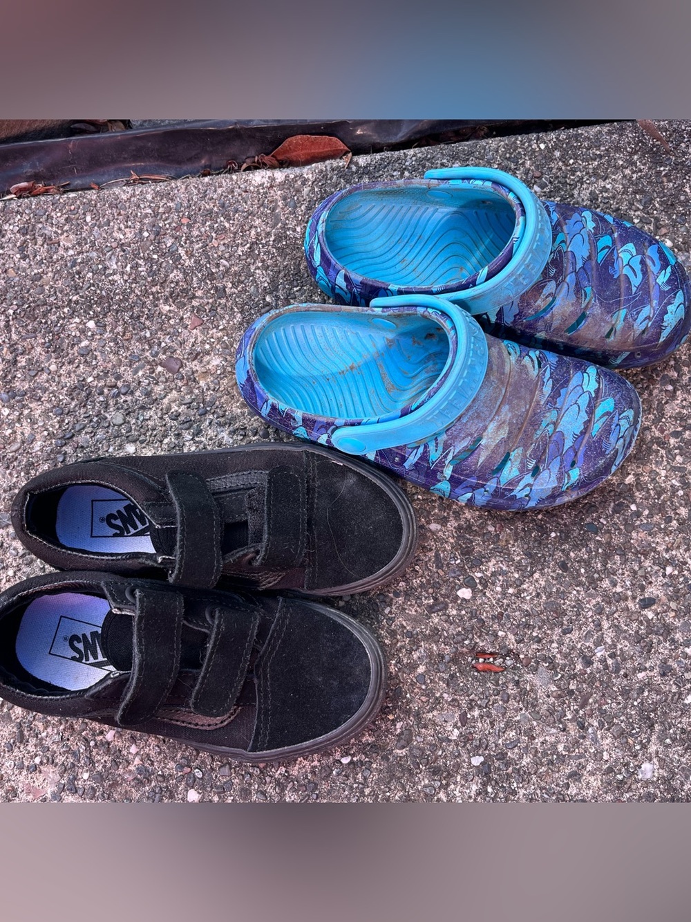 Vans Kids Black Velcro Sneakers with Blue Patterned Clogs